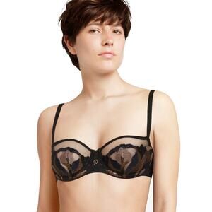 Chantelle Women Black/Gold Laced Mesh Montaigne Demi Underwire Bra Size 34B